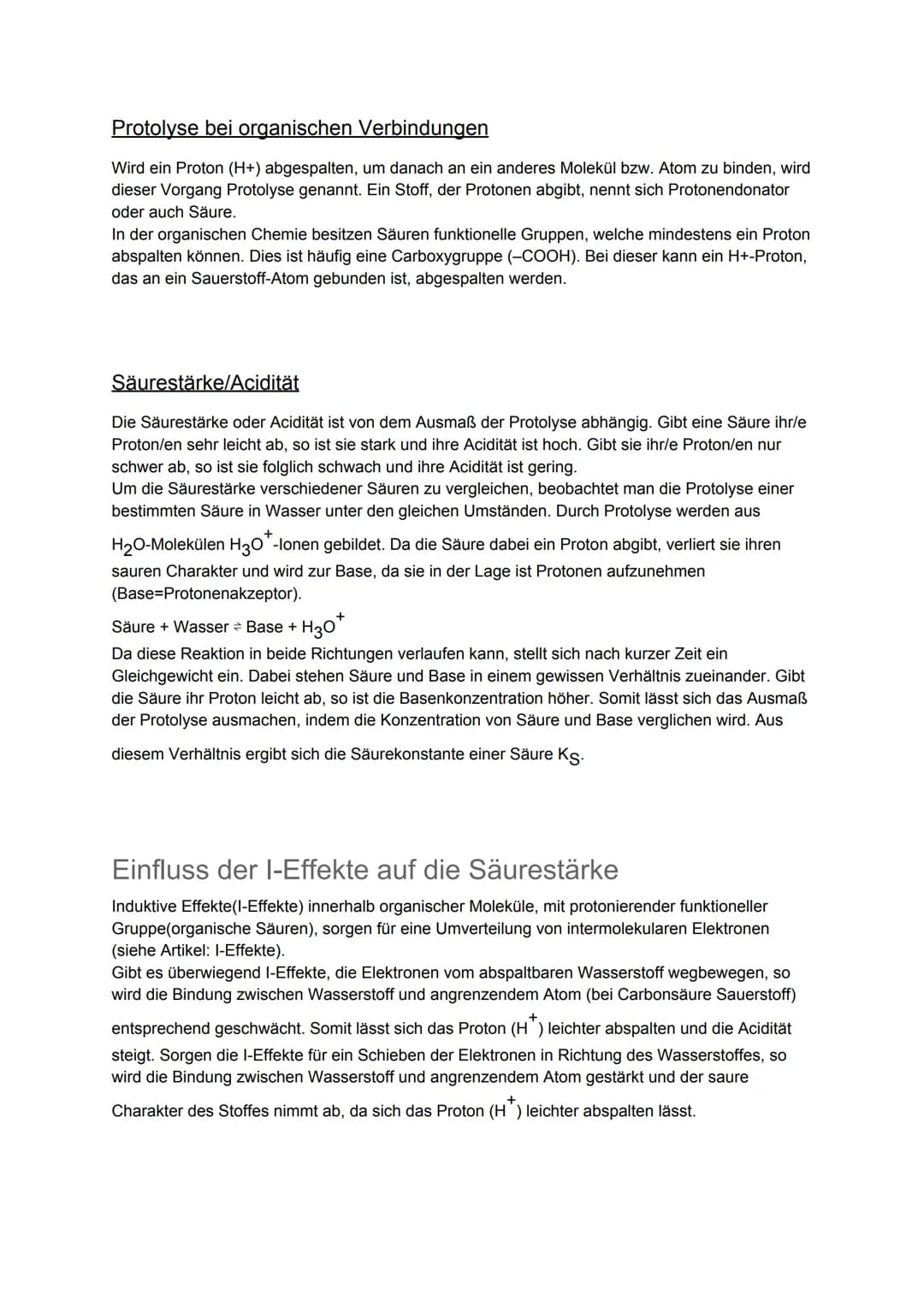 Protolyse bei organischen Verbindungen
Wird ein Proton (H+) abgespalten, um danach an ein anderes Molekül bzw. Atom zu binden, wird
dieser V