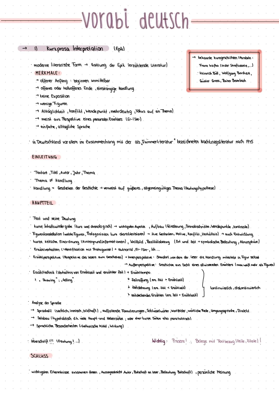 1) Kurz prosa Interpretation (Epik)
moderne literarische Form → Gattung der Epik lerzählende Literatur)
MERKMALE:
→ offener Anfang beginnen 