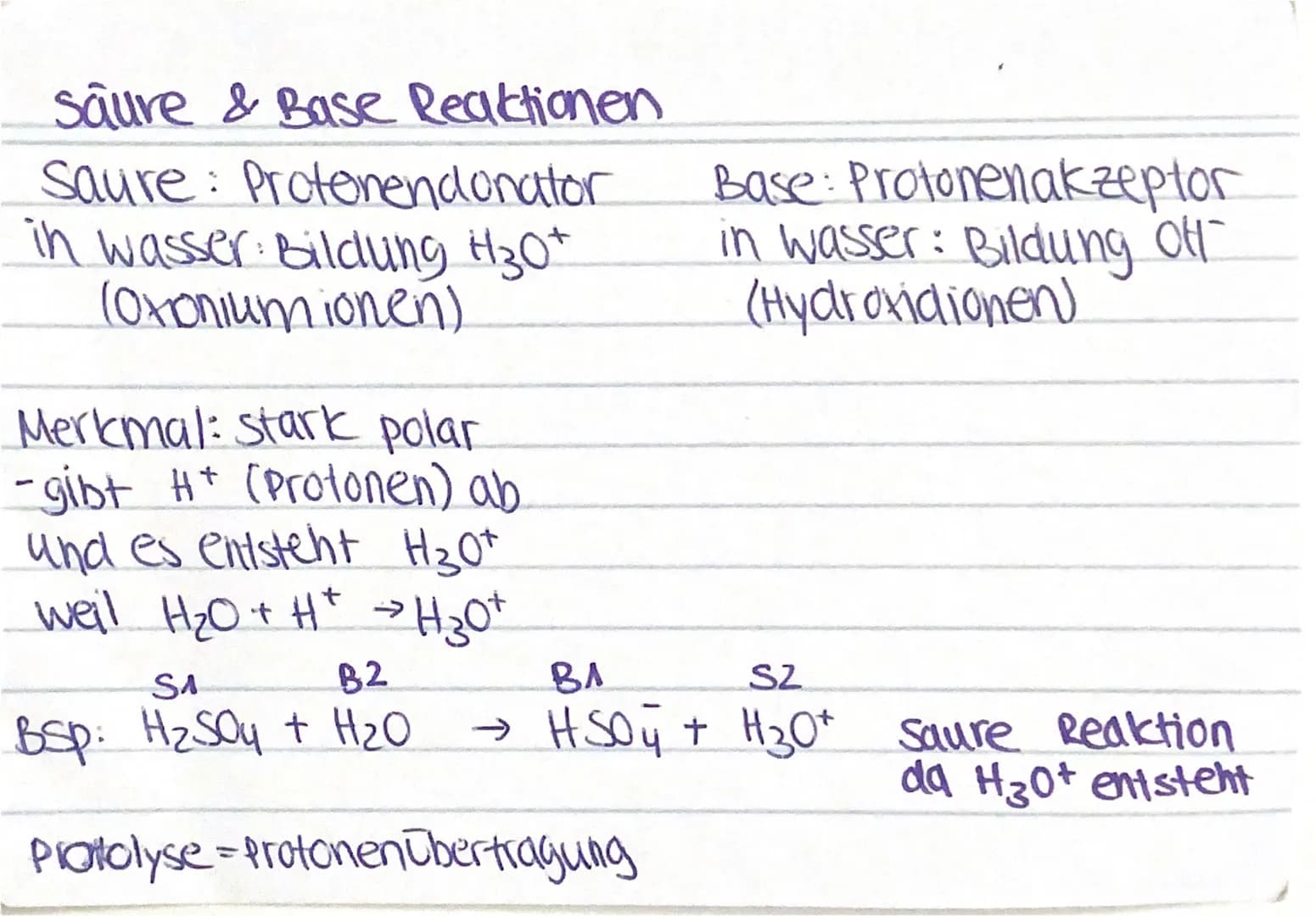 saure & Base Reaktionen
Saure: Protonendonator
in wasser Bildung H30+
(Oxoniumionen).
?
Merkmal: stark polar
-gibt H+ (Protonen) ab
und es e