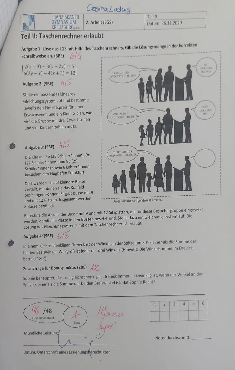 Teil I:
FRANZISKANER
GYMNASIUM
KREUZBURG gambH
a)
Cosima Ludwig
Bearbeite die Aufgaben ohne TR.
Gesamtarbeitszeit 60 Minuten.
Aufgabe 1 (16B