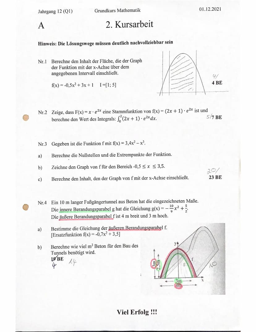 Jahrgang 12 (Q1)
A
Hinweis: Die Lösungswege müssen deutlich nachvollziehbar sein
Grundkurs Mathematik
Nr.1 Berechne den Inhalt der Fläche, d
