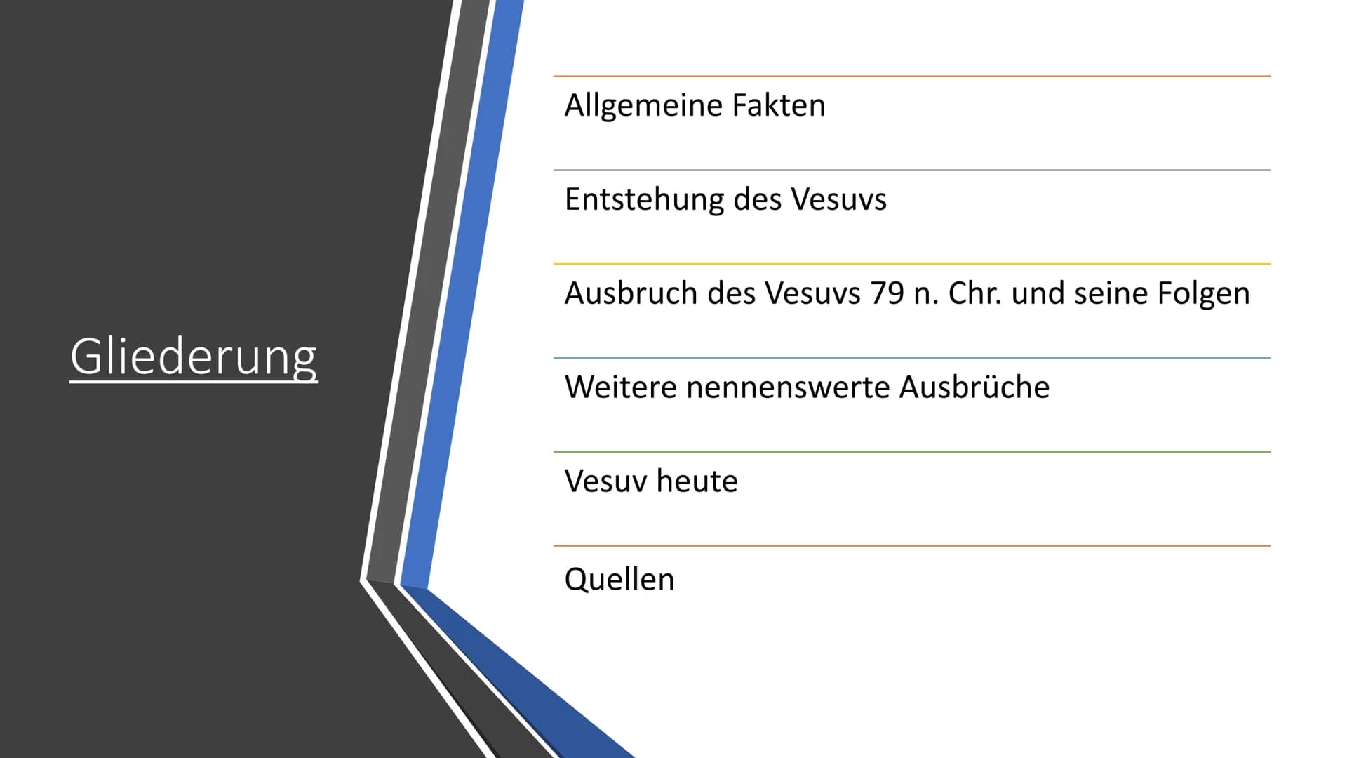 Vesuv
"Der Schicksalsberg am Golf von
Neapel" Gliederung
Allgemeine Fakten
Entstehung des Vesuvs
Ausbruch des Vesuvs 79 n. Chr. und seine Fo