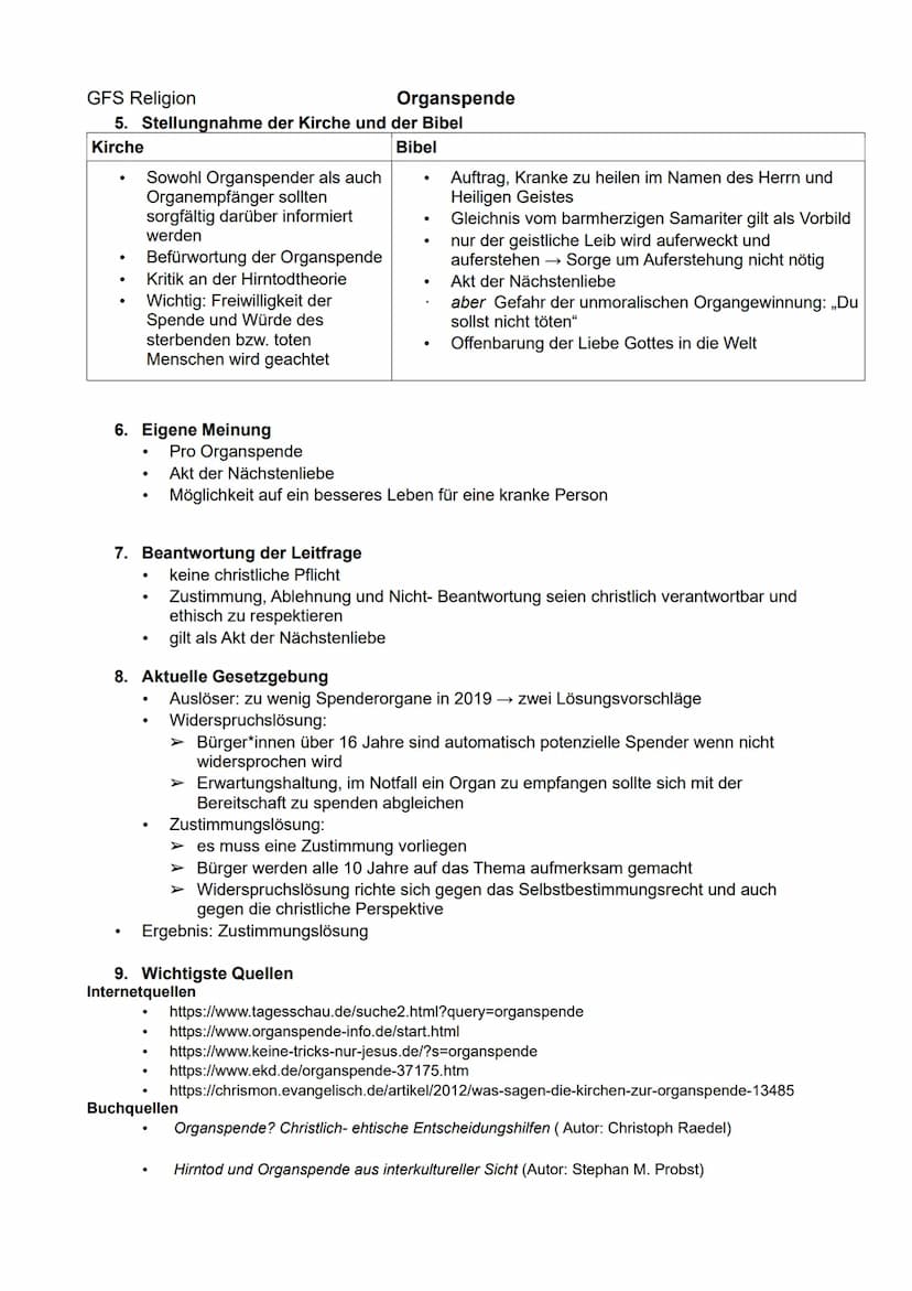 Die Organspende -
Sollte man als Christ Organspender se GFS Religion
Handout: Organspende -
Sollte man als Christ Organspender sein?
1. Orga