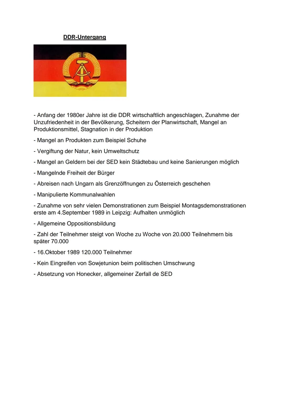 - Anfang der 1980er Jahre ist die DDR wirtschaftlich angeschlagen, Zunahme der
Unzufriedenheit in der Bevölkerung, Scheitern der Planwirtsch