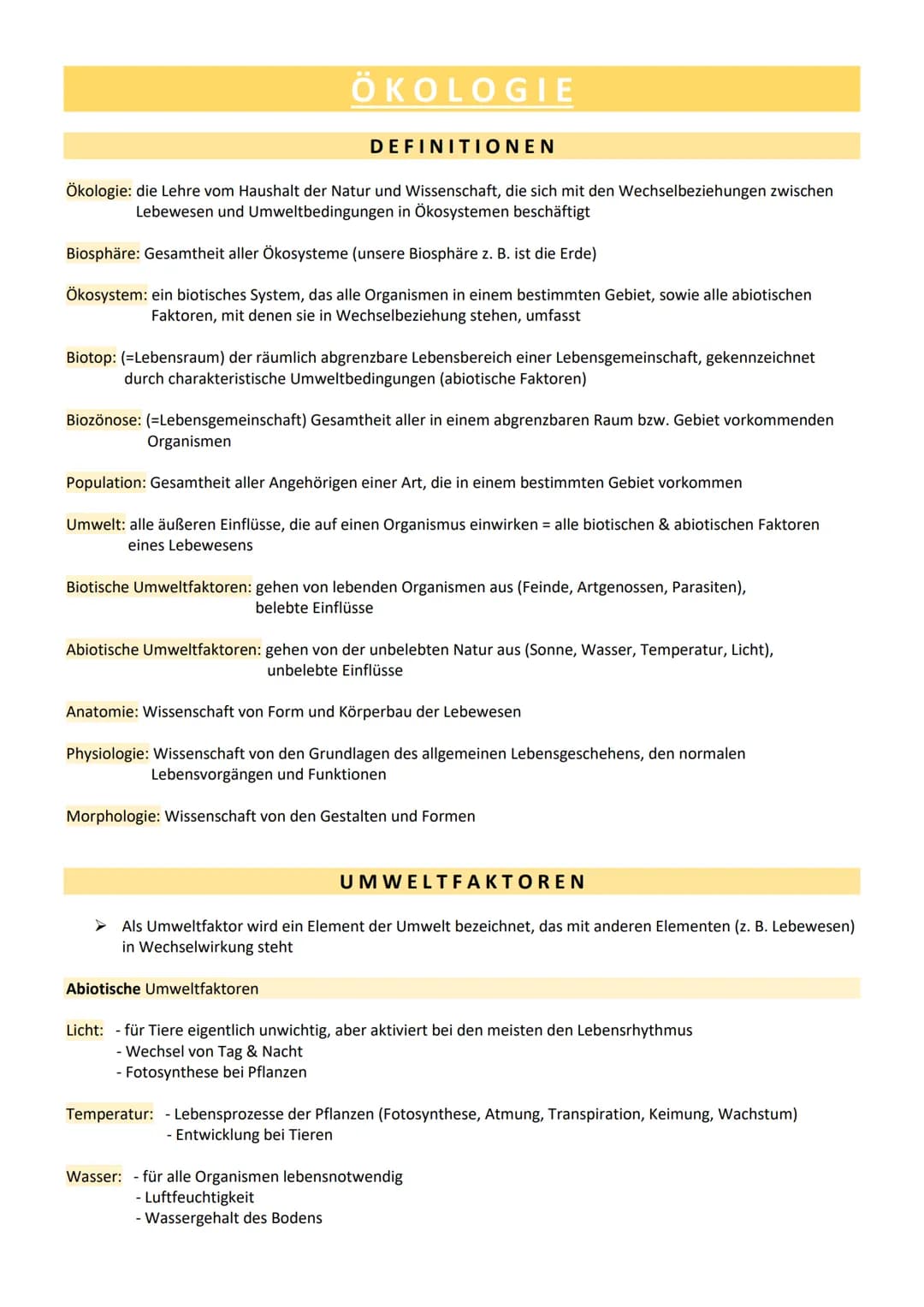 ÖKOLOGIE
DEFINITIONEN
Ökologie: die Lehre vom Haushalt der Natur und Wissenschaft, die sich mit den Wechselbeziehungen zwischen
Lebewesen un