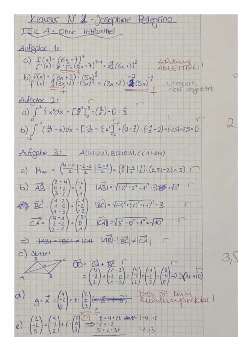 J1 m (GA)
Name: Josephine Pellegrino
Aufgabe 2:
Berechne das Integral.
²²x²dx
MATHEMATIK
Klausur Nr. 2
TEIL A: Ohne Hilfsmittel
Aufgabe 1:
B
