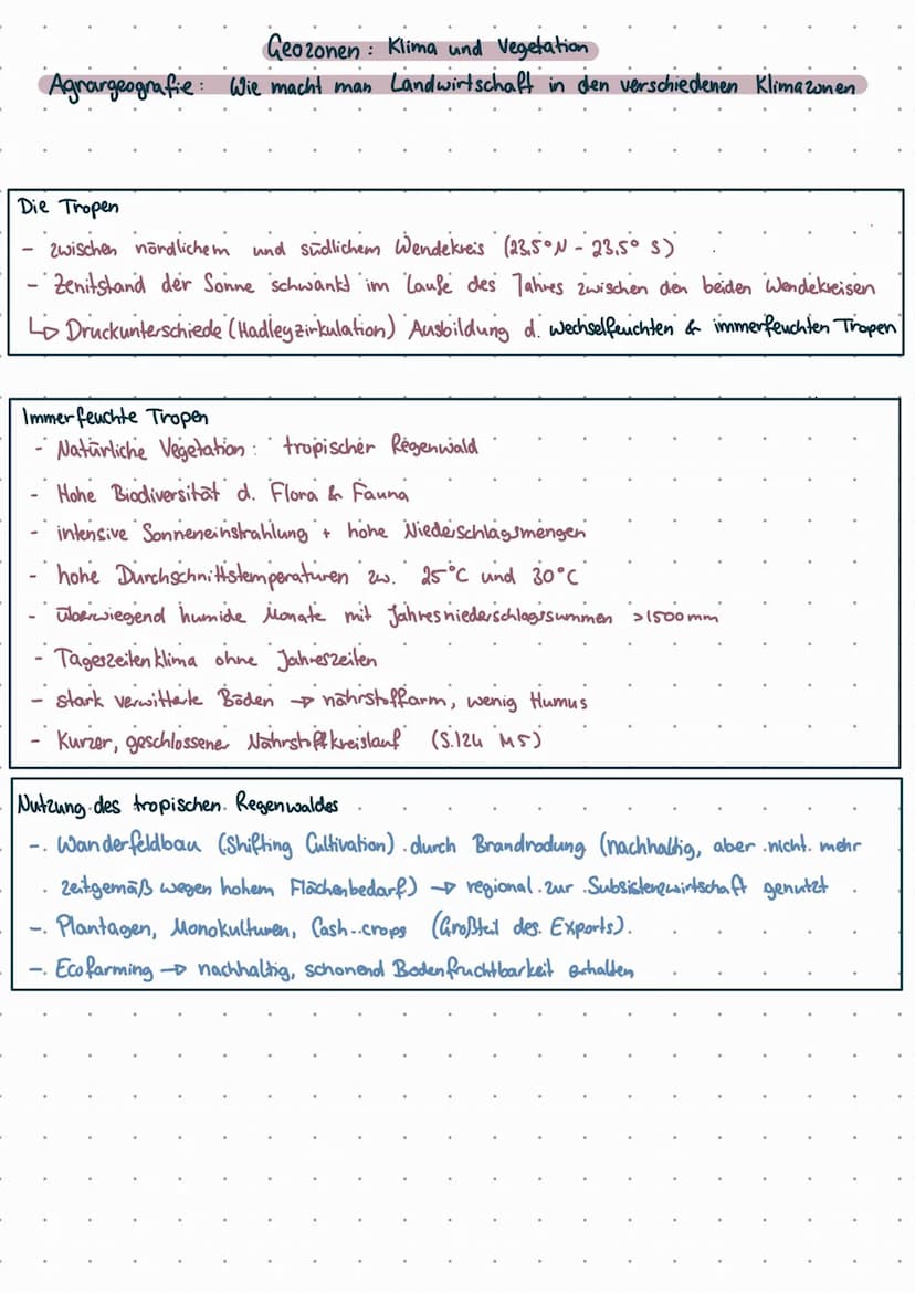 Geozonen & Agrargeographie
Tropen: Immerfeuchte Tropen
●
●
(Desertifikation)
Wüsten und Halbwüsten
↳ Nutzung der Wüsten
Subtropen/trockene M