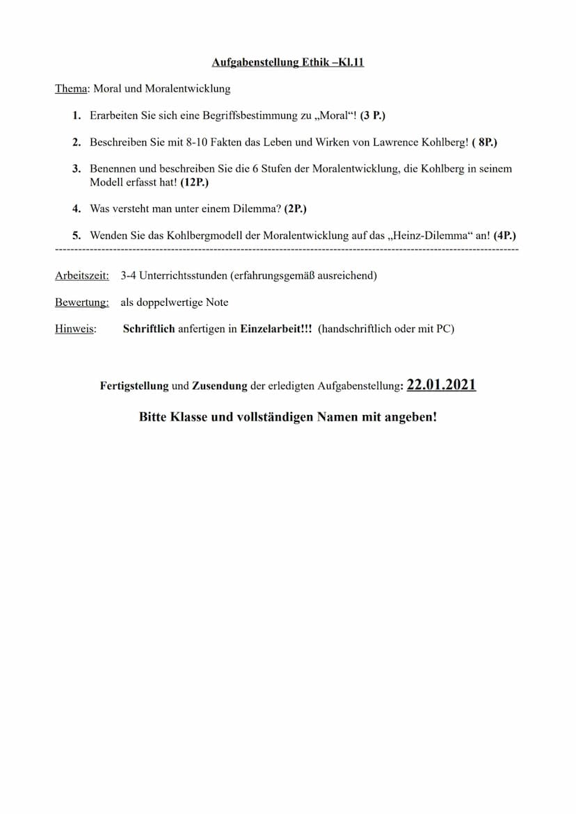 Kohlbergs Stuffenmodel zur
moralischen Entwicklung
Die Theorie von Lawrence Kohlberg besagt das unsere Entwicklung des
moralische Denkens in