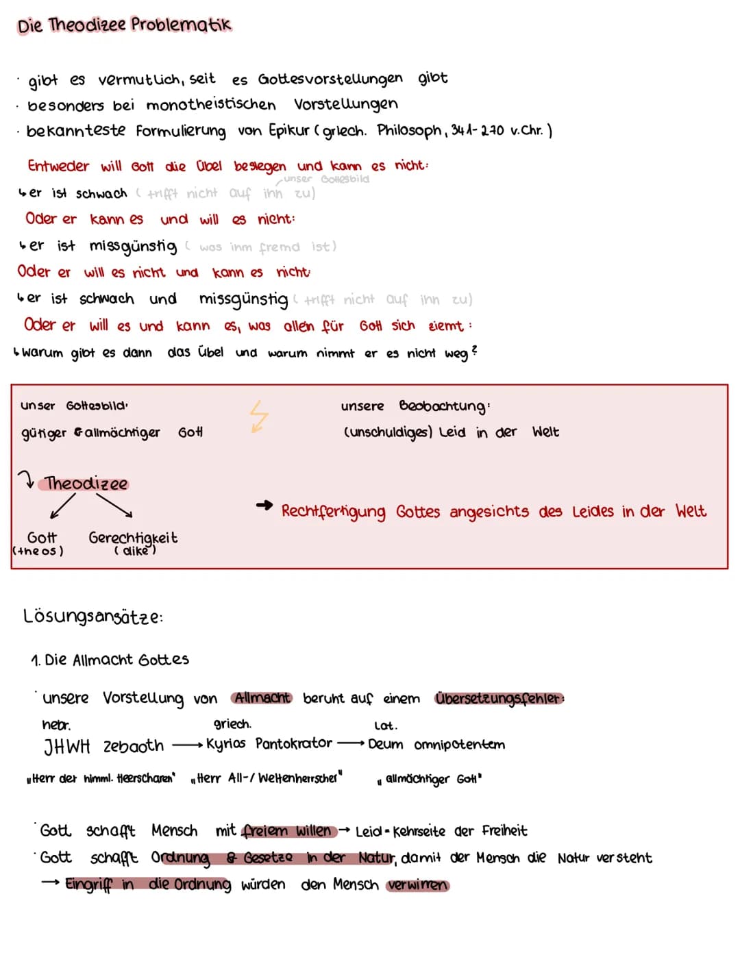 Die Theodizee Problematik
gibt es vermutlich, seit es Gottesvorstellungen gibt
besonders bei monotheistischen Vorstellungen
• bekannteste fo