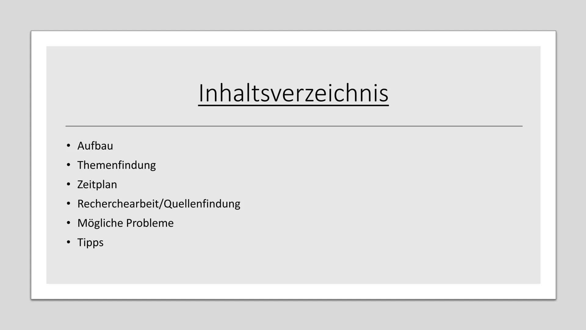 Eine Facharbeit
erarbeiten • Themenfindung
●
Zeitplan
●
●
Aufbau
●
Inhaltsverzeichnis
Recherchearbeit/Quellenfindung
Mögliche Probleme
Tipps