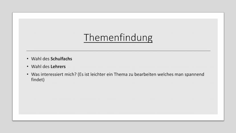 Eine Facharbeit
erarbeiten • Themenfindung
●
Zeitplan
●
●
Aufbau
●
Inhaltsverzeichnis
Recherchearbeit/Quellenfindung
Mögliche Probleme
Tipps