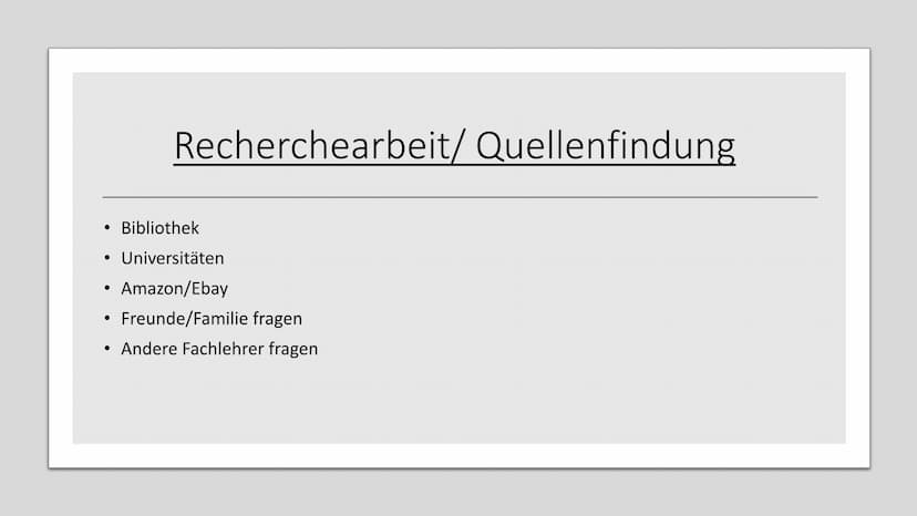 Eine Facharbeit
erarbeiten • Themenfindung
●
Zeitplan
●
●
Aufbau
●
Inhaltsverzeichnis
Recherchearbeit/Quellenfindung
Mögliche Probleme
Tipps