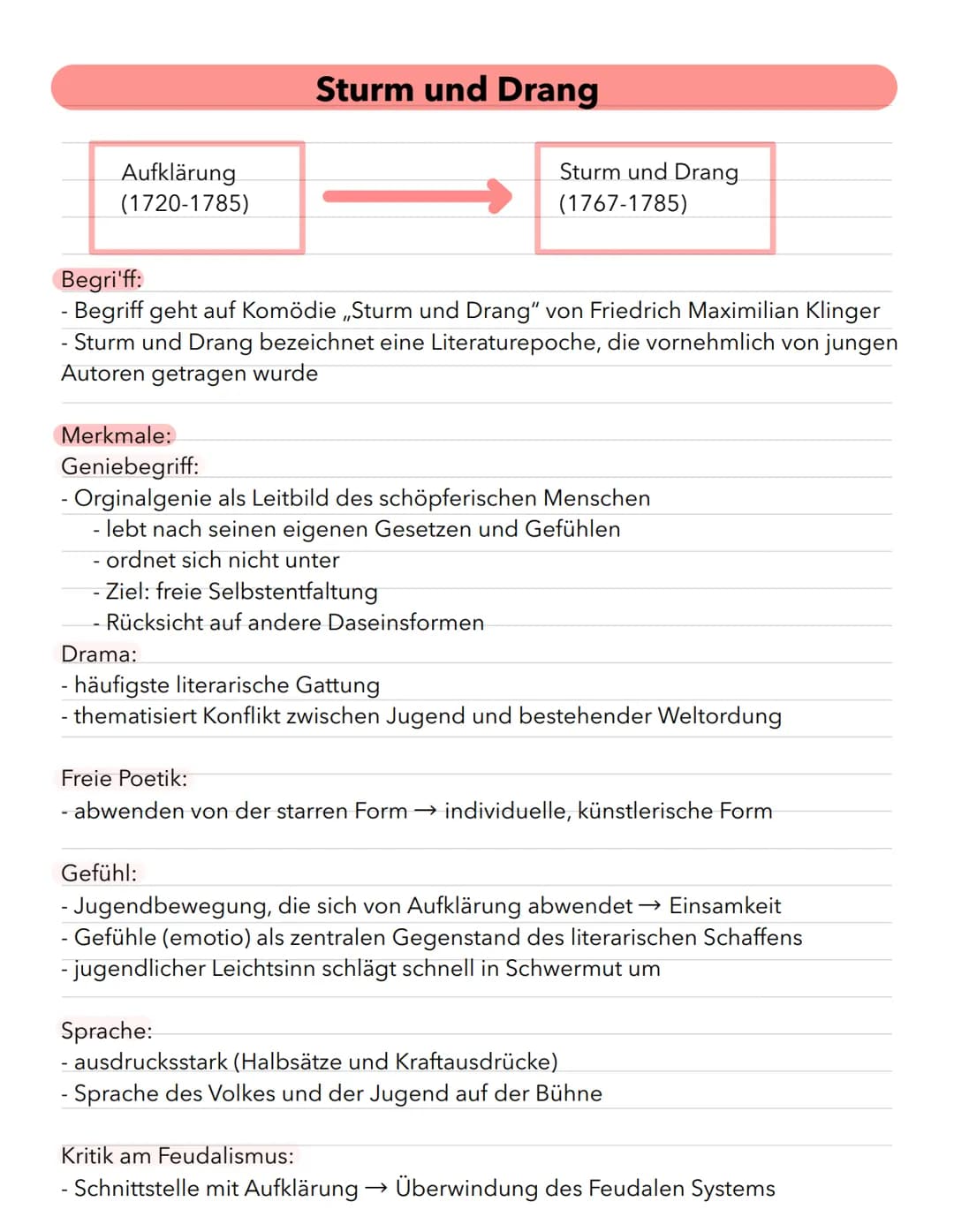 Aufklärung
(1720-1785)
-
Sturm und Drang
Sturm und Drang
(1767-1785)
Begri'ff:
Begriff geht auf Komödie ,,Sturm und Drang" von Friedrich Max