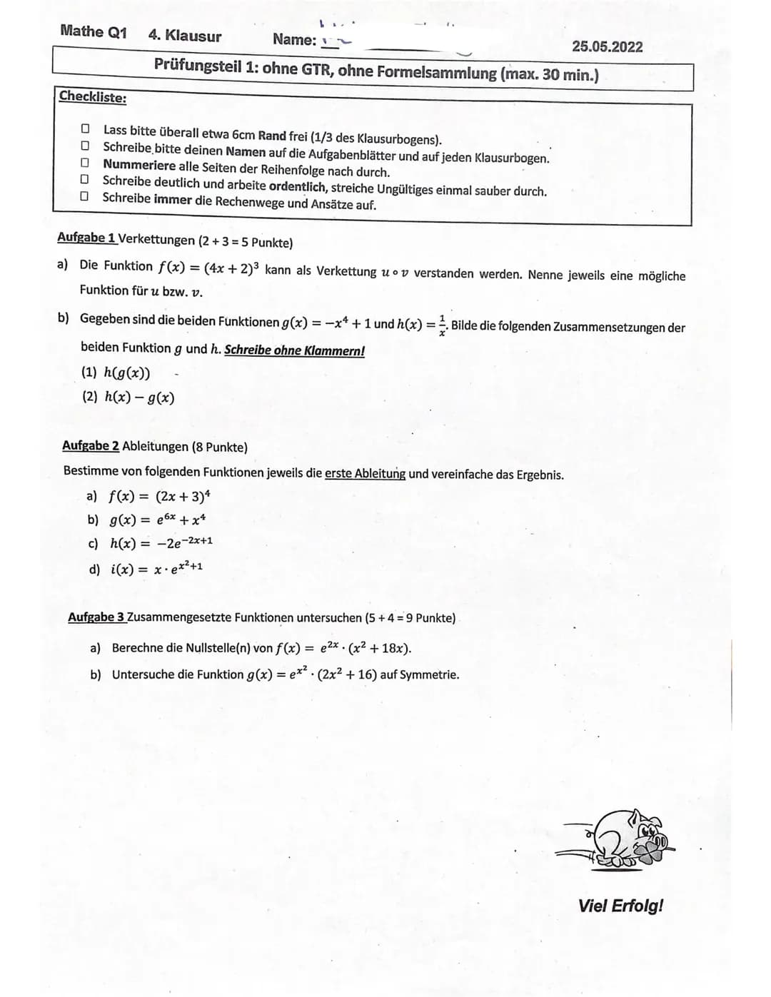 Klausur zusammengesetzte Funktionen, Verkettungen, Funktionsuntersuchungen; 13 Punkte