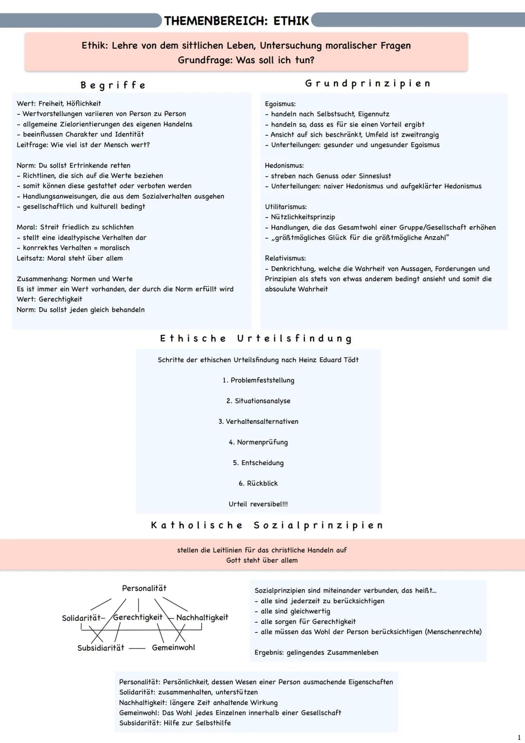 THEMENBEREICH: ETHIK
Ethik: Lehre von dem sittlichen Leben, Untersuchung moralischer Fragen
Grundfrage: Was soll ich tun?
Begriffe
Wert: Fre