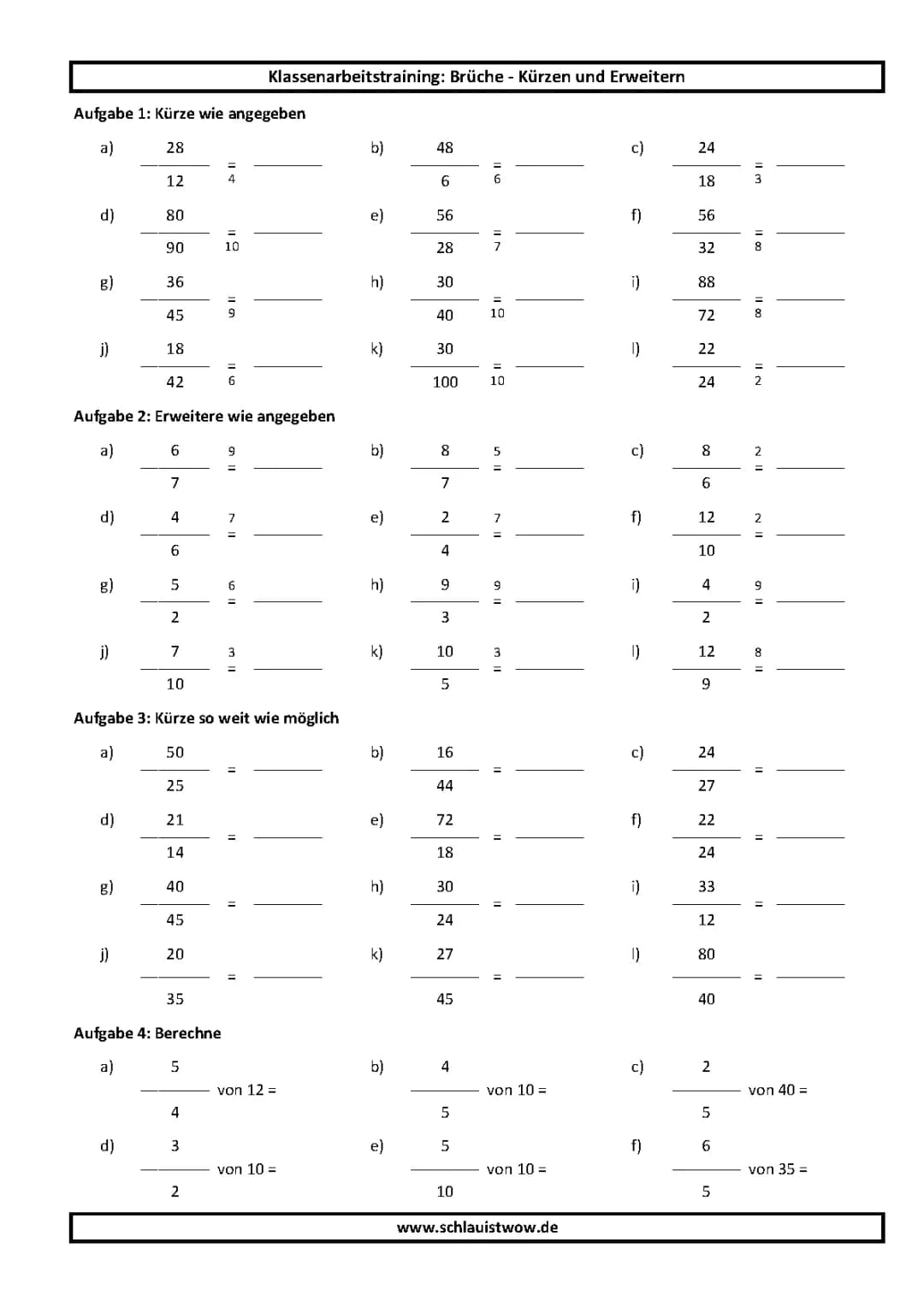 Klassenarbeitstraining Brüche
