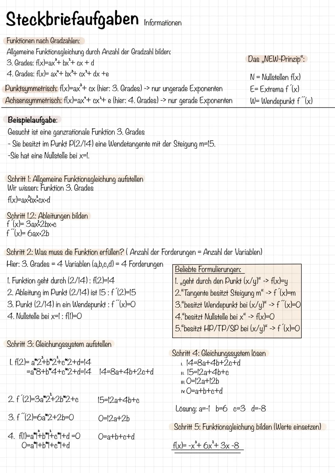 Steckbriefaufgaben
Funktionen nach Gradzahlen:
Allgemeine Funktionsgleichung durch Anzahl der Gradzahl bilden:
3. Grades: f(x)=ax + bx²+ cx 