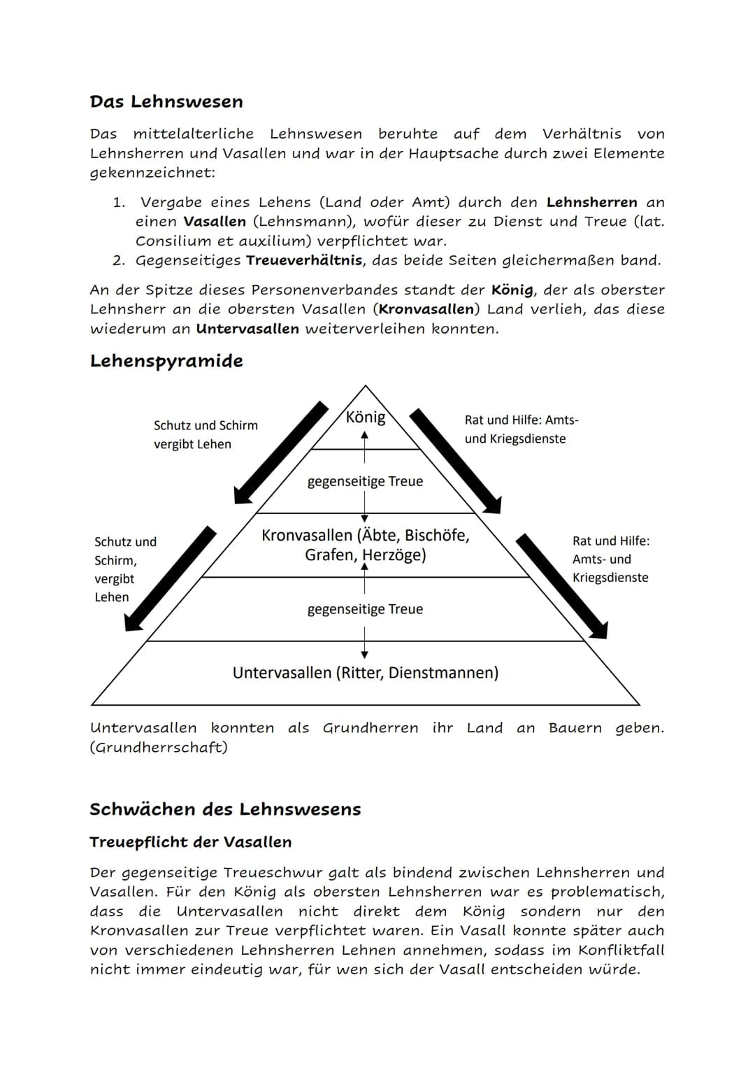 Das Lehnswesen
Das mittelalterliche Lehnswesen beruhte auf dem Verhältnis von
Lehnsherren und Vasallen und war in der Hauptsache durch zwei 