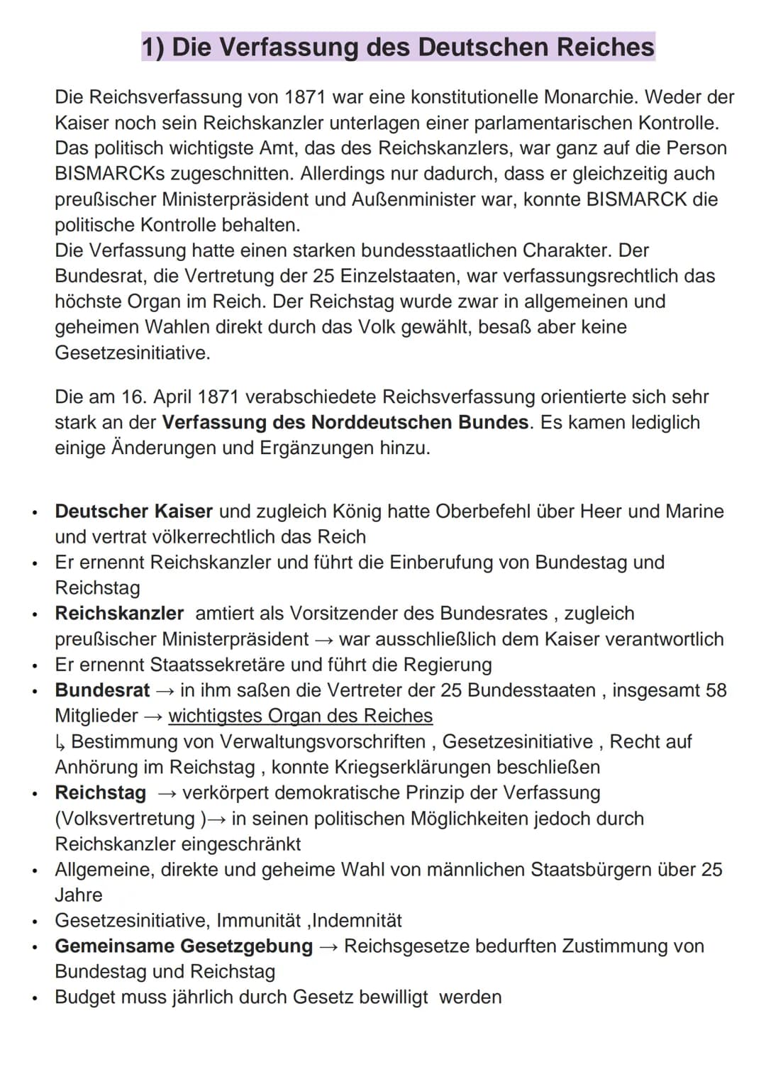 ●
●
●
●
●
●
1) Die Verfassung des Deutschen Reiches
Die Reichsverfassung von 1871 war eine konstitutionelle Monarchie. Weder der
Kaiser noch