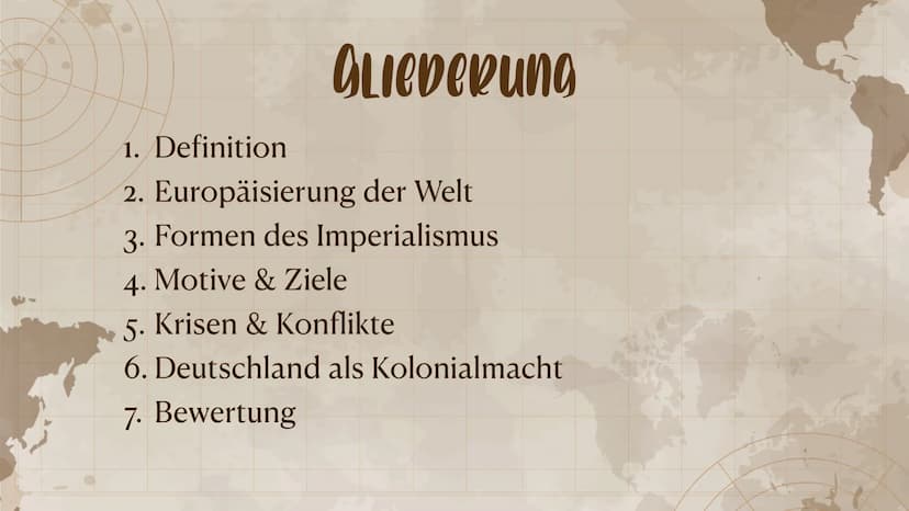 IMPERIALISMUS
1880 - 1914
L O
GLIeDeRung
1. Definition
2. Europäisierung der Welt
3. Formen des Imperialismus
4. Motive & Ziele
5. Krisen & 