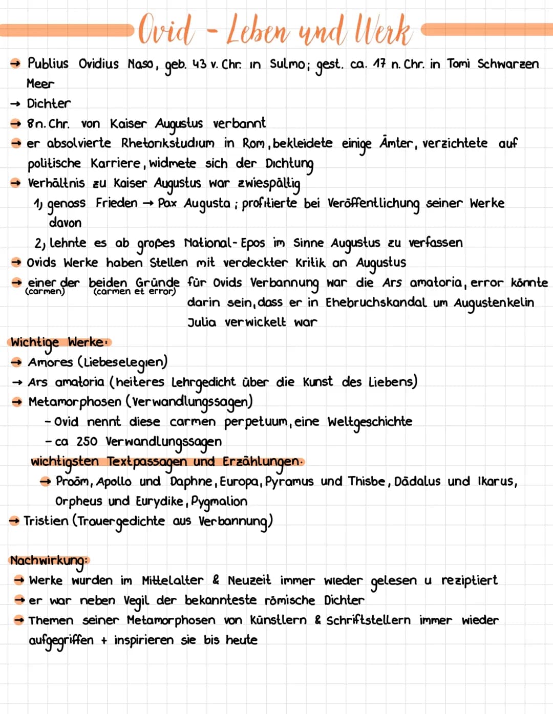 •Ovid - Leben und Werk
→ Publius Ovidius Naso, geb. 43 v. Chr. in Sulmo; gest. ca. 17 n. Chr. in Tomi Schwarzen
Meer
→ Dichter
→ 8n. Chr. vo