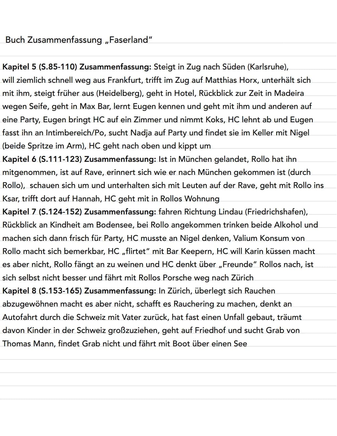 Buch Zusammenfassung ,,Faserland"
Kapitel 1 (S.13-24) Zusammenfassung: Reise startet auf Sylt, Hauptcharakter trinkt Jever,
hat sich mit Kar