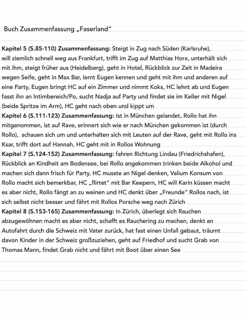 Buch Zusammenfassung ,,Faserland"
Kapitel 1 (S.13-24) Zusammenfassung: Reise startet auf Sylt, Hauptcharakter trinkt Jever,
hat sich mit Kar