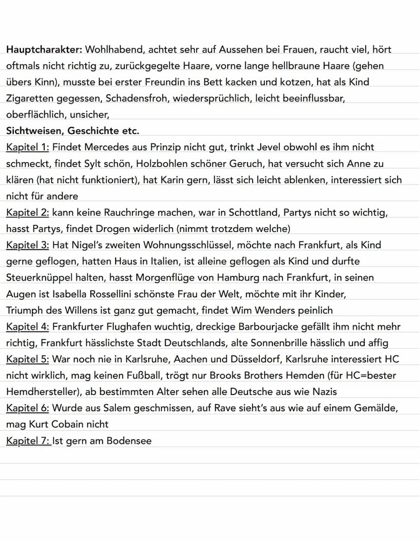 Buch Zusammenfassung ,,Faserland"
Kapitel 1 (S.13-24) Zusammenfassung: Reise startet auf Sylt, Hauptcharakter trinkt Jever,
hat sich mit Kar