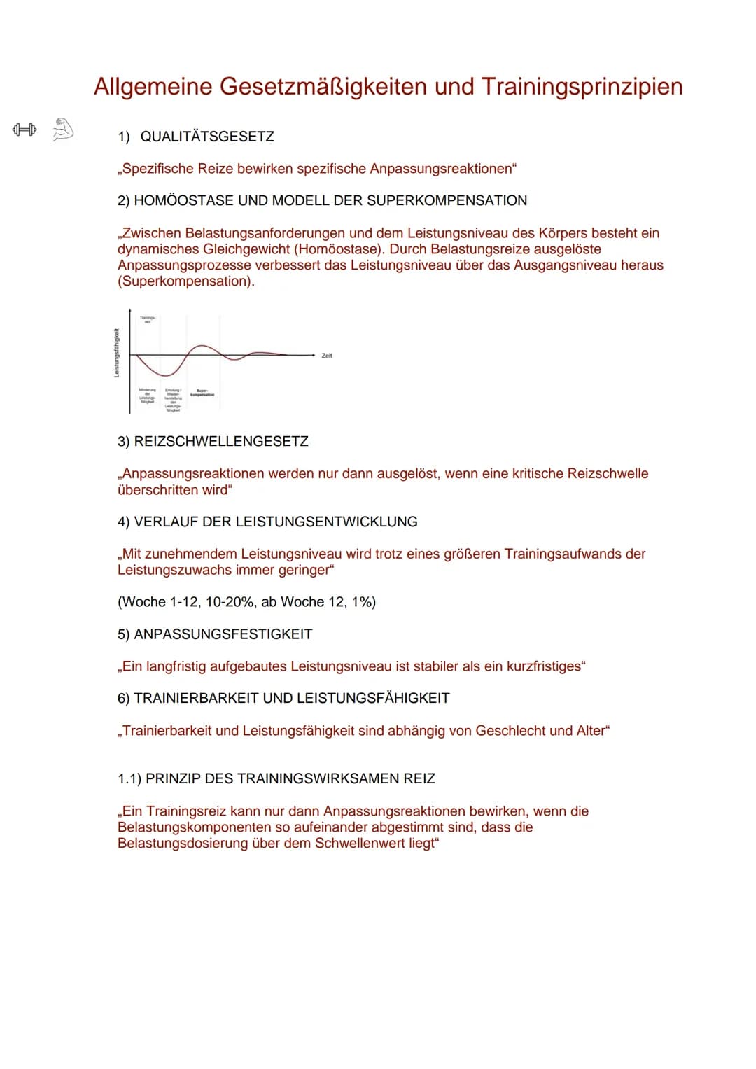 Allgemeine Gesetzmäßigkeiten und Trainingsprinzipien
1) QUALITÄTSGESETZ
,,Spezifische Reize bewirken spezifische Anpassungsreaktionen"
2) HO