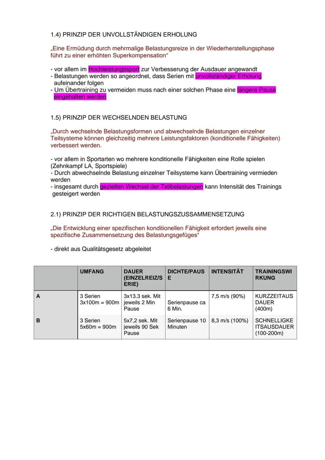 Allgemeine Gesetzmäßigkeiten und Trainingsprinzipien
1) QUALITÄTSGESETZ
,,Spezifische Reize bewirken spezifische Anpassungsreaktionen"
2) HO