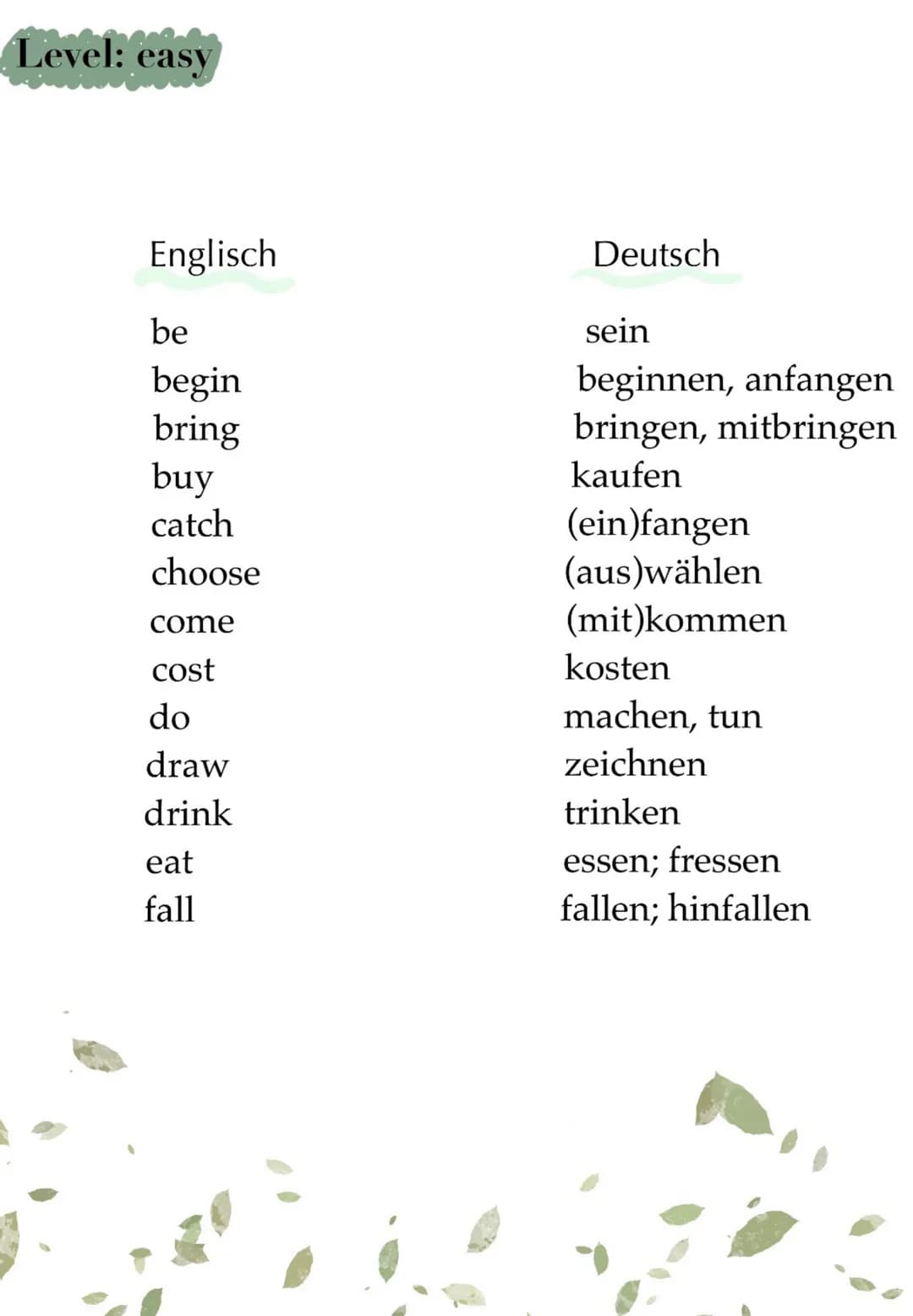 Level: easy
Englisch
be
begin
bring
buy
catch
choose
come
cost
do
draw
drink
eat
fall
Deutsch
sein
beginnen, anfangen
bringen, mitbringen
ka