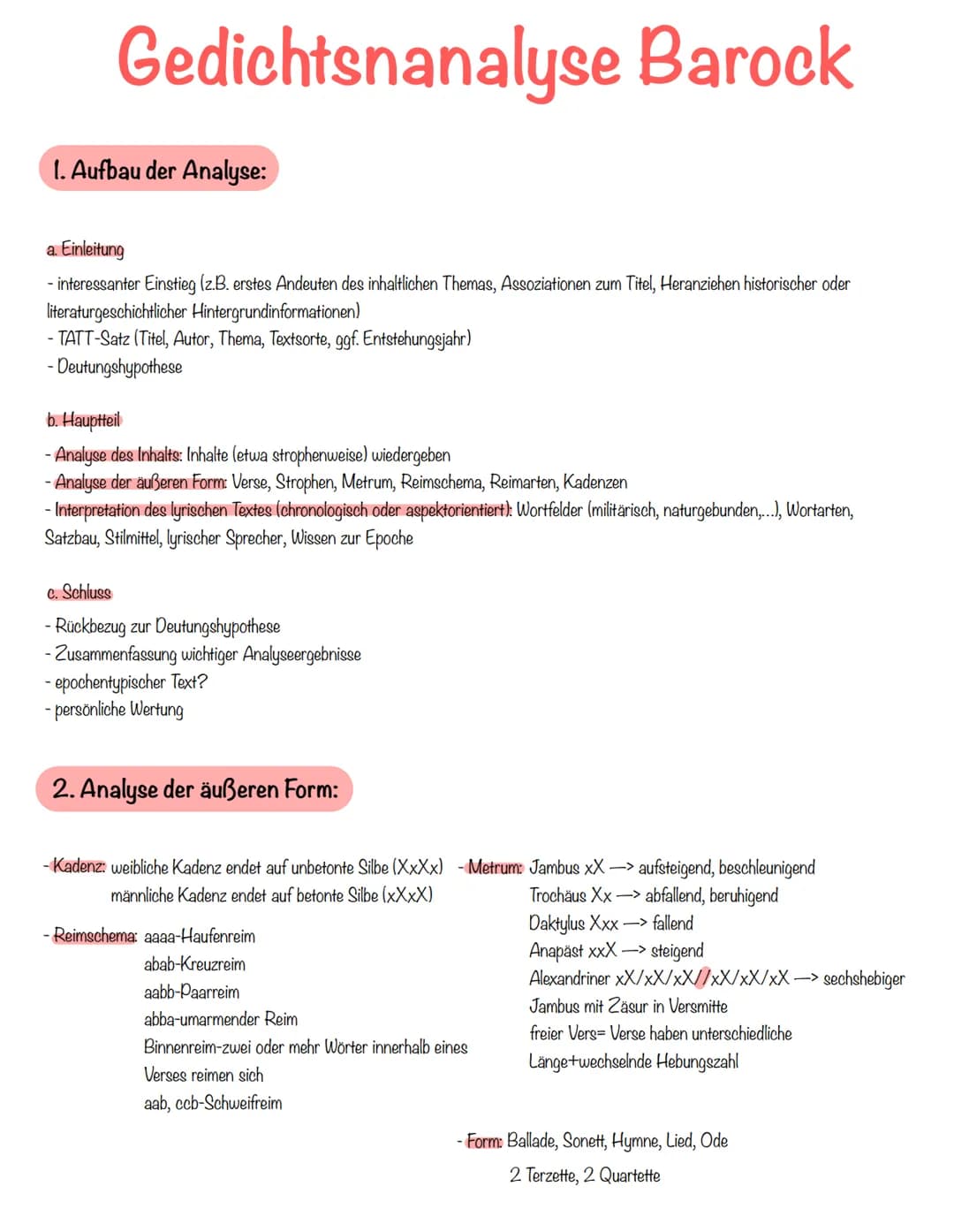 Gedichtsnanalyse Barock
1. Aufbau der Analyse:
a. Einleitung
- interessanter Einstieg (z.B. erstes Andeuten des inhaltlichen Themas, Assozia