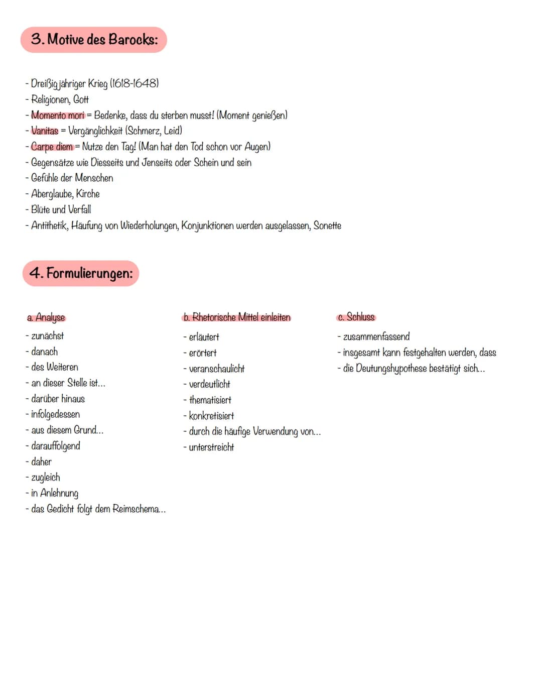 Gedichtsnanalyse Barock
1. Aufbau der Analyse:
a. Einleitung
- interessanter Einstieg (z.B. erstes Andeuten des inhaltlichen Themas, Assozia