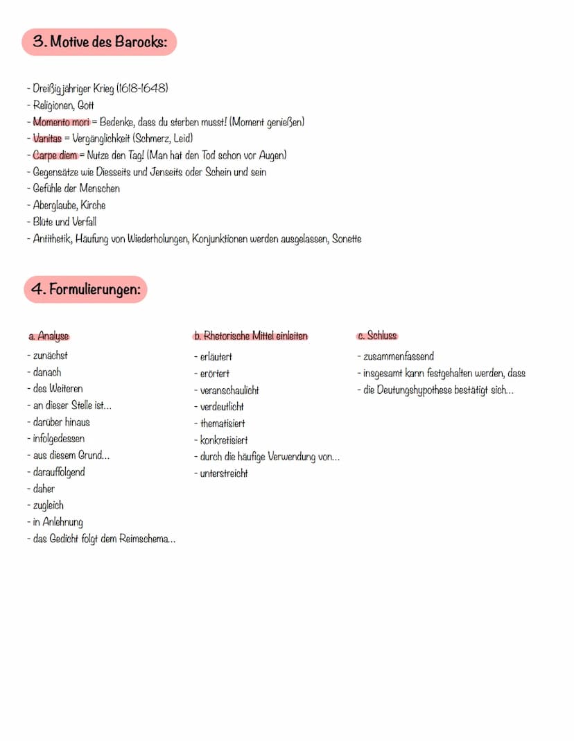 Gedichtsnanalyse Barock
1. Aufbau der Analyse:
a. Einleitung
- interessanter Einstieg (z.B. erstes Andeuten des inhaltlichen Themas, Assozia