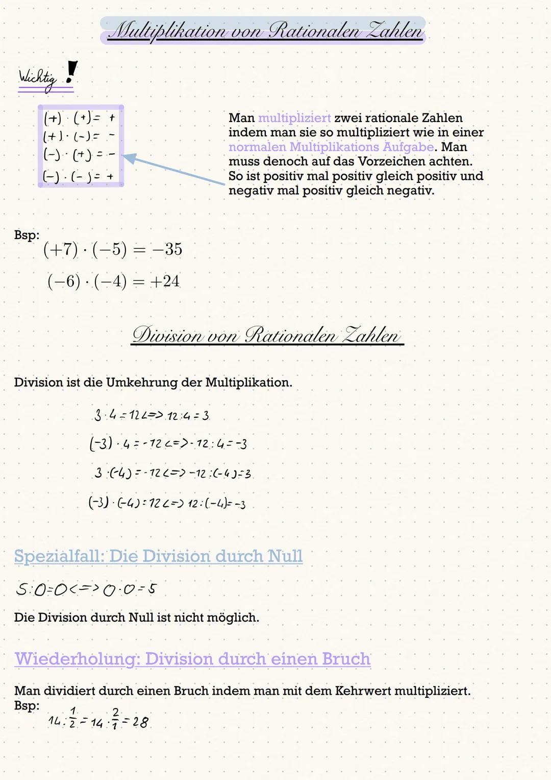 Wichtig!
Bsp:
Multiplikation von Rationalen Zahlen
(+) · (+) = +
(+)· (-) =
(-) (+)=-
(-).(-) = +
(+7) (-5) = -35
(−6) · (−4) = +24
.
Man mu