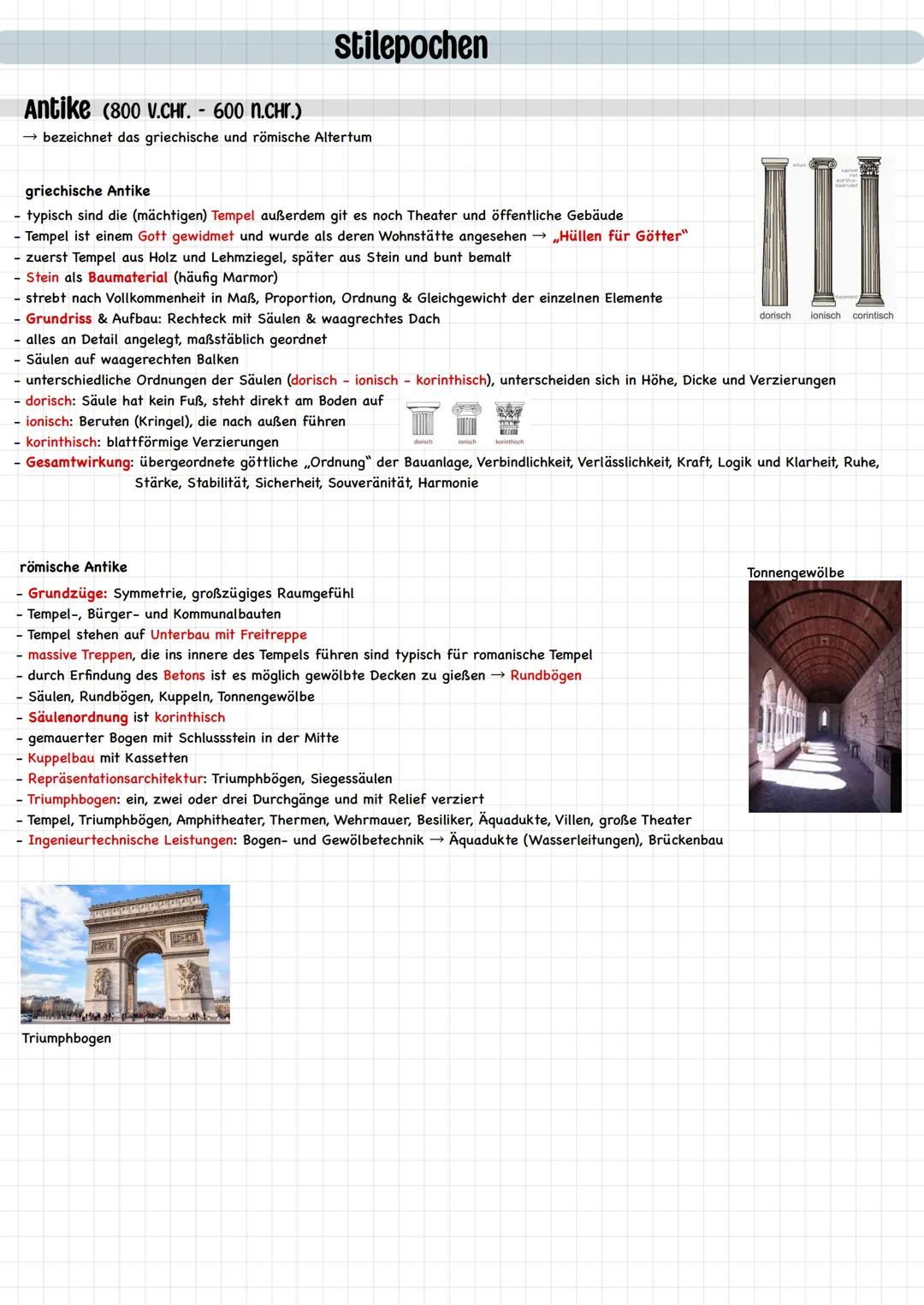 # stilepochen

Antike (800 v.Chr. - 600 n.chr.)
- bezeichnet das griechische und römische Altertum

griechische Antike

- typisch sind die (