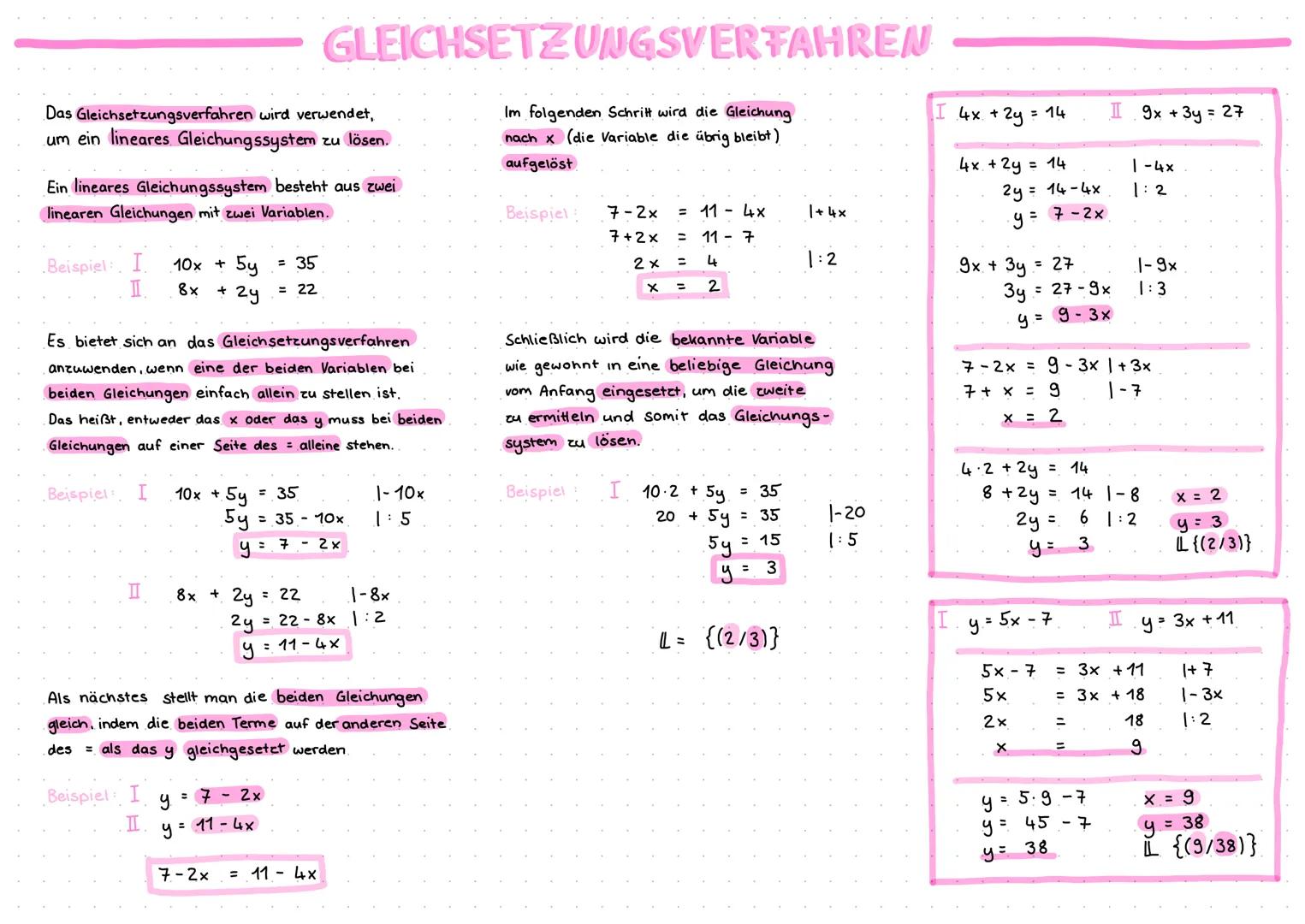 Das Gleichsetzungsverfahren wird verwendet,
um ein lineares Gleichungssystem zu lösen.
Ein lineares Gleichungssystem besteht aus zwei
linear