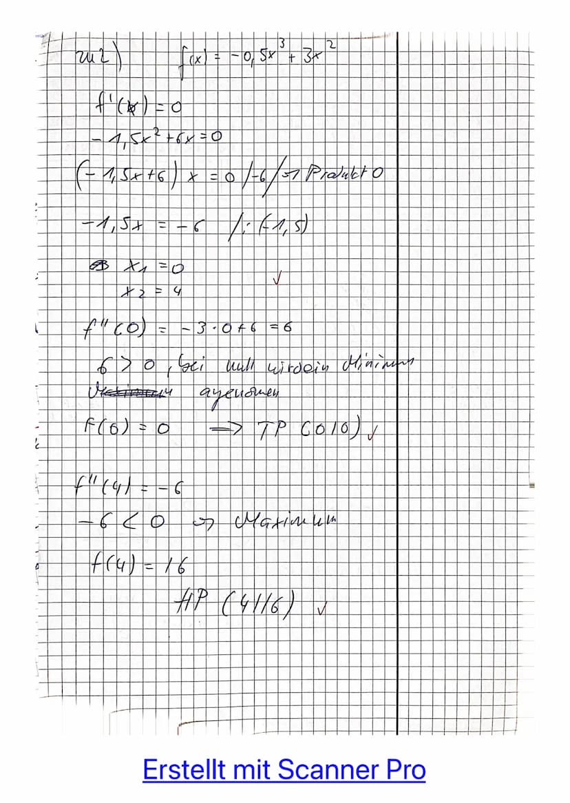 1. Teil (ohne Hilfsmittel) max. 25 Minuten
Aufgabe 1:
Gegeben ist die Funktion f mit f(x) = -0,5x³ + 3x².
Bestimmen Sie das Krümmungsverhalt