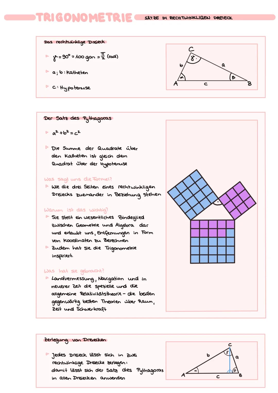 TRIGONOMETRIE
Das rechtwinklige Dreieck
A
4
= 90° = A00
je = 9
gon
a; b: katheten
PC: Hypotenuse
=
(rad)
Der Satz des Pythagoras
▷a² +6² = c