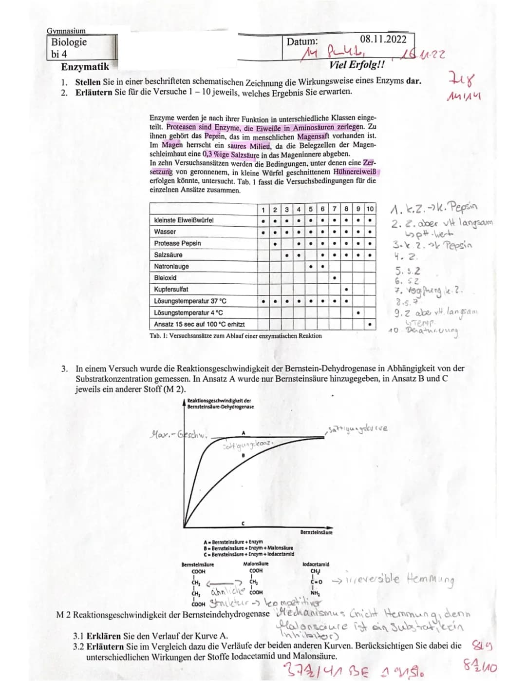 Biologieklausur zur Enzymatik