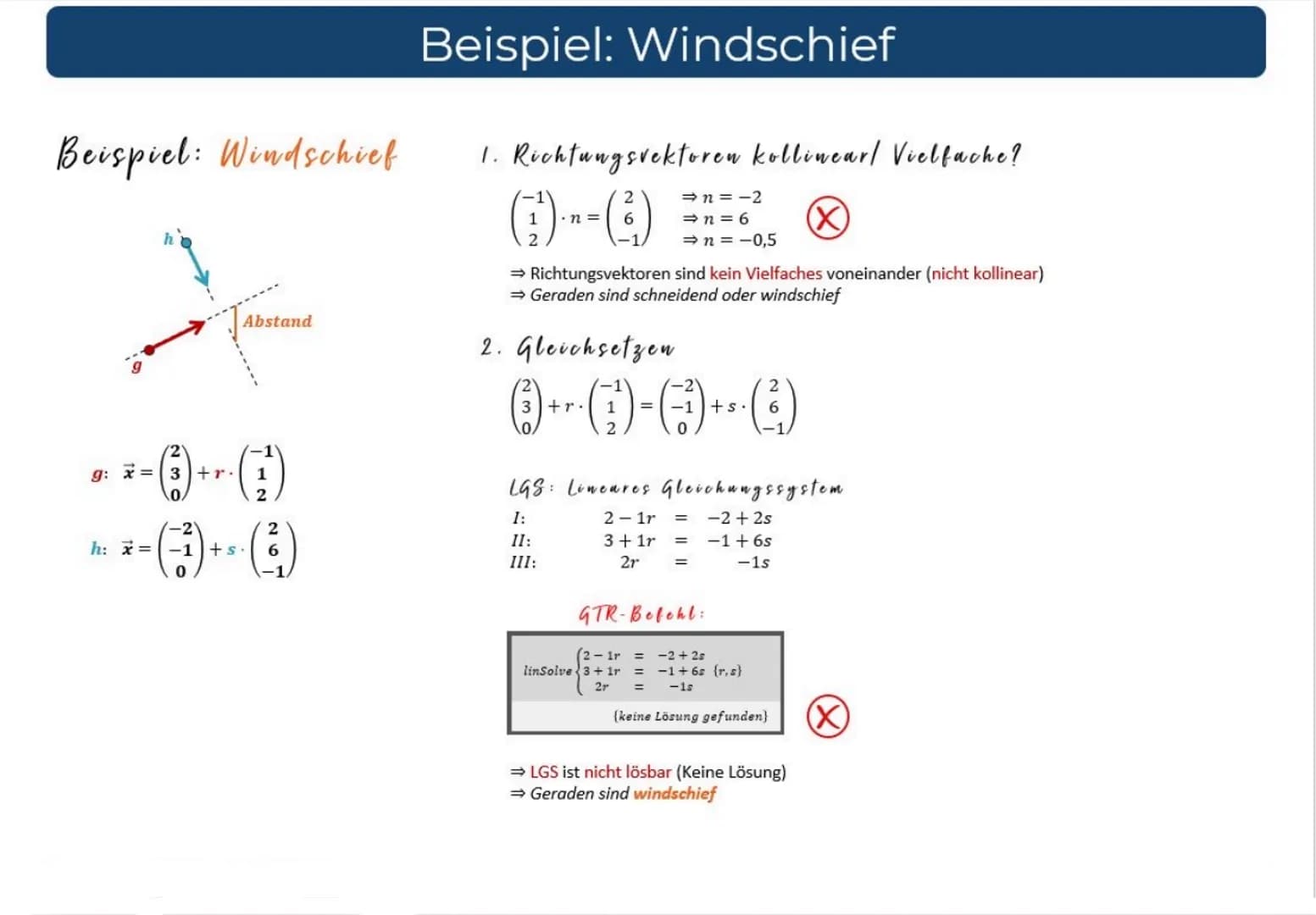 Prüfschema: Lagebeziehung von Geraden
1. Sind die Richtungsvektoren kollinear (- Vielfache voneinander)?
2. Punktprobe
Erfüllt
Identisch
Ja
