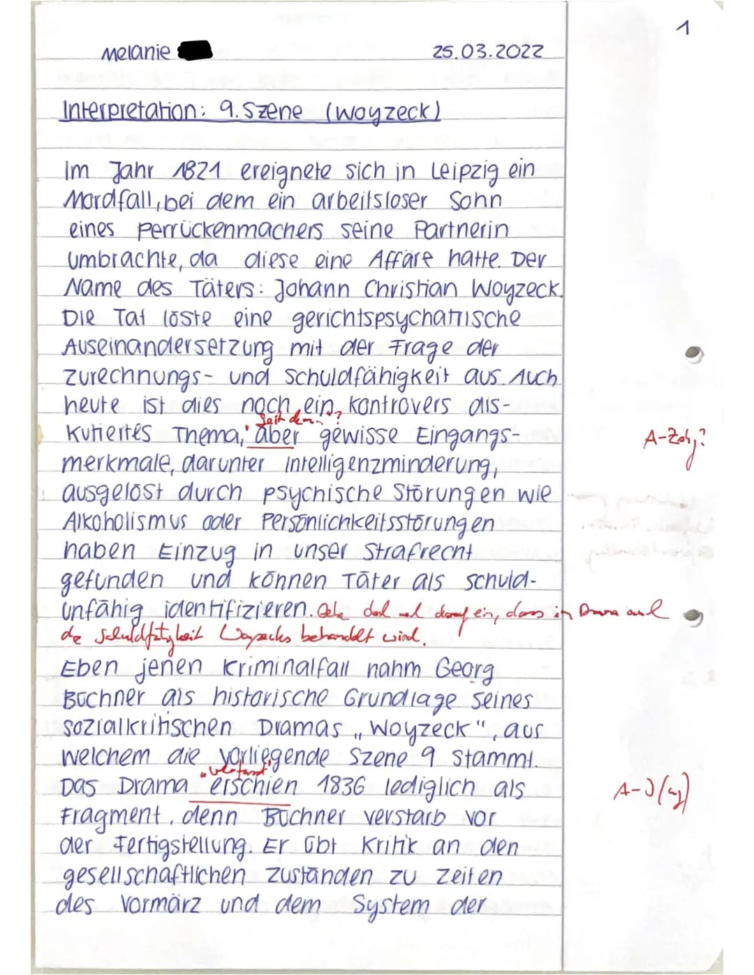 J1 - Deutsch Leistungsfach: Klausur Nr. 3 25.3.20228
Melanie
Interpretation einer Dramenszene mit Zusatzaufgabe
Thema Georg Büchner: Woyzeck