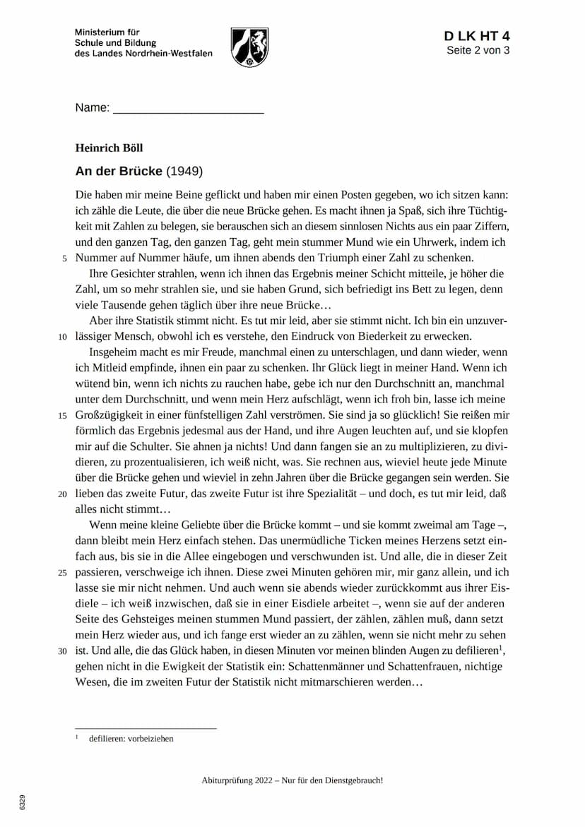 6329
Ministerium für
Schule und Bildung
des Landes Nordrhein-Westfalen
Name:
13
Abiturprüfung 2022
Deutsch, Leistungskurs
Aufgabenstellung:
