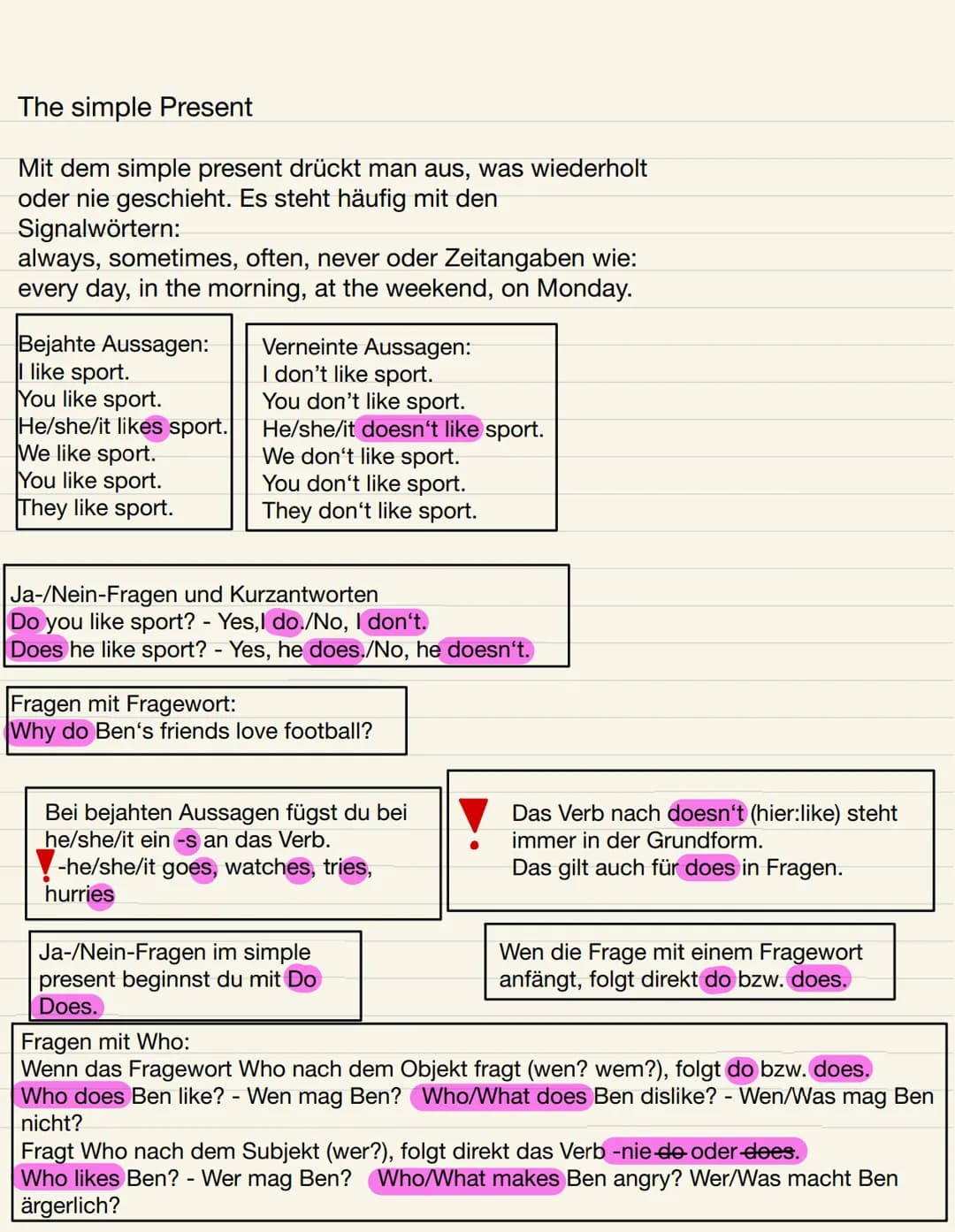 Englisch The simple Present
Mit dem simple present drückt man aus, was wiederholt
oder nie geschieht. Es steht häufig mit den
Signalwörtern: