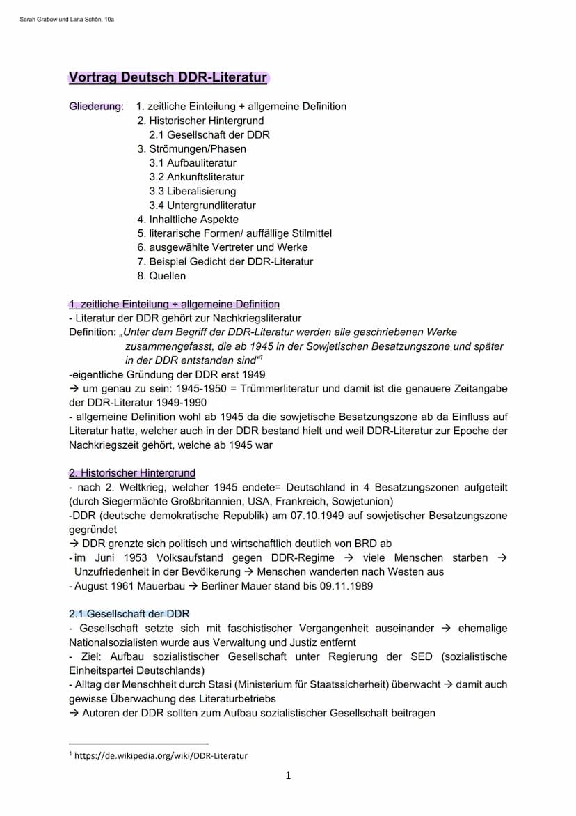 Handout von Sarah Grabow & Lana Schön
"Unter dem Begriff der DDR-
Literatur werden alle
geschriebenen Werke
zusammengefasst, die ab 1945
in 