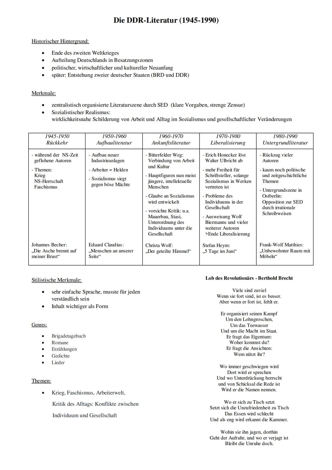 Historischer Hintergrund:
●
Merkmale:
●
zentralistisch organisierte Literaturszene durch SED (klare Vorgaben, strenge Zensur)
● Sozialistisc