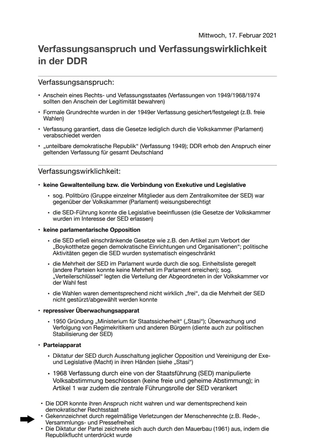 Mittwoch, 17. Februar 2021
Verfassungsanspruch und Verfassungswirklichkeit
in der DDR
Verfassungsanspruch:
• Anschein eines Rechts- und Vefa