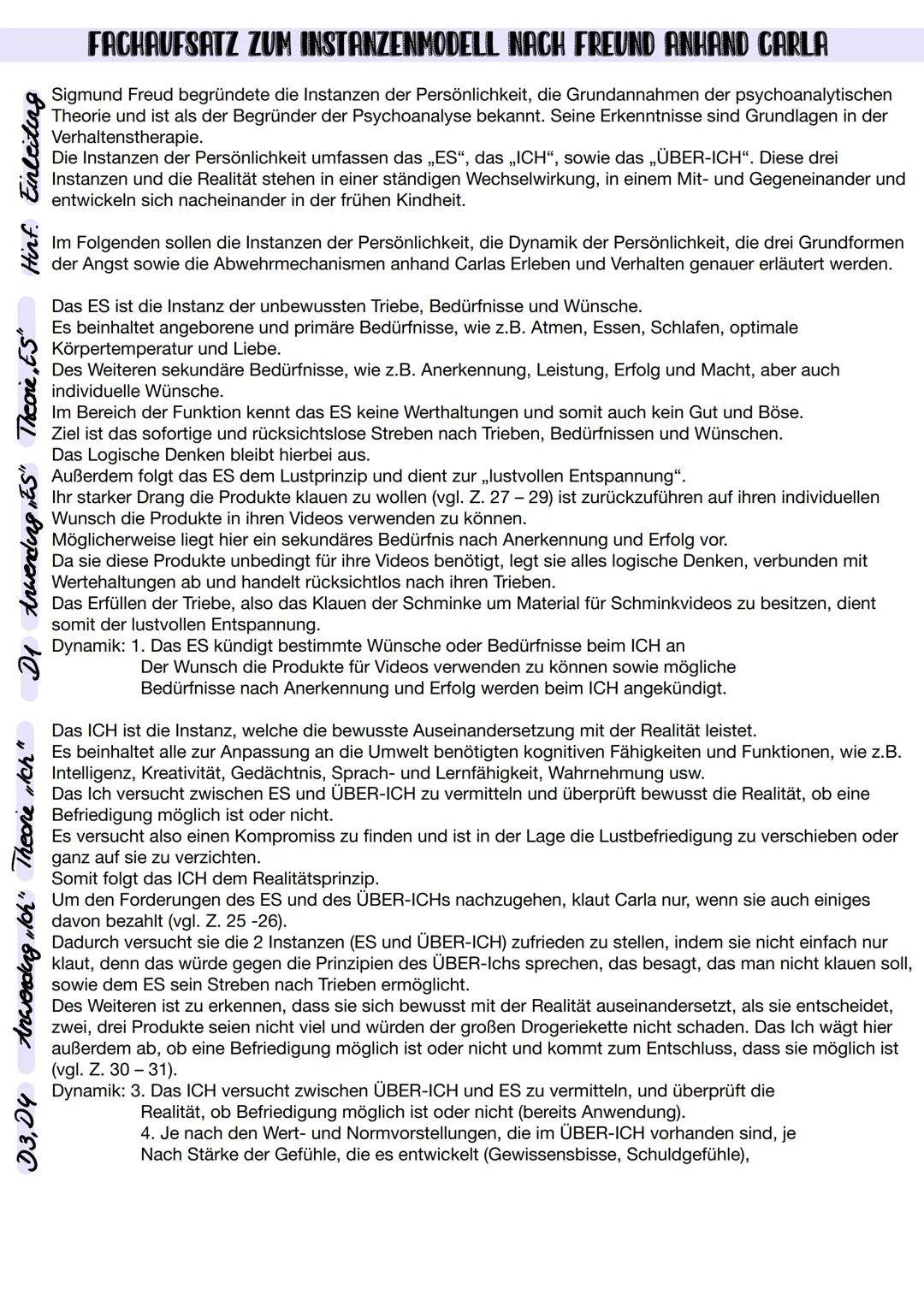 Hinf. Einleiting
D1 trwending "ES" Theorie, ES"
Anwending "Ich" Theorie "Ich"
D3, D4
FACHAUFSATZ ZUM INSTANZENMODELL NACH FREUND ANHAND CARL
