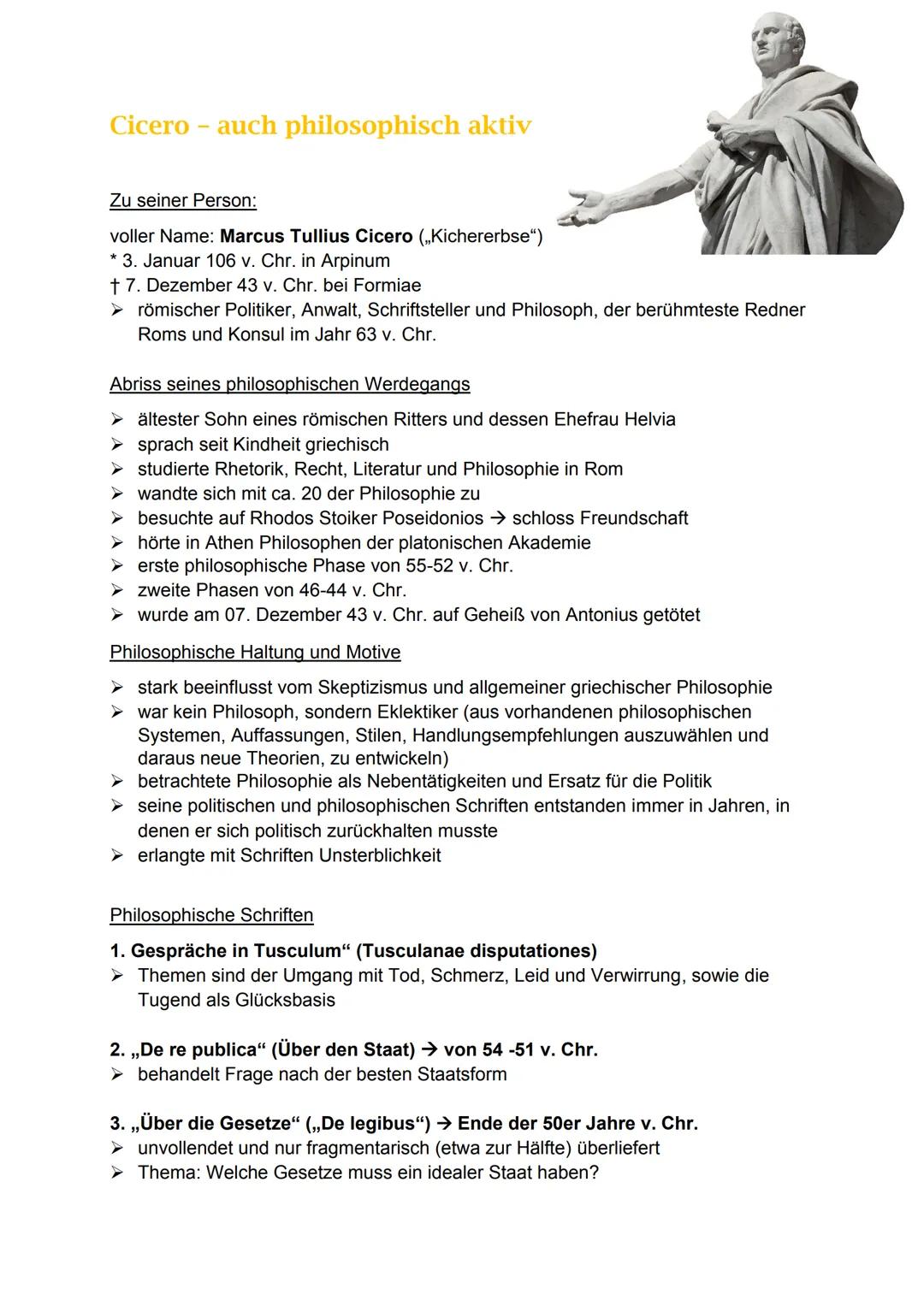 # Cicero - auch philosophisch aktiv

Zu seiner Person:

voller Name: Marcus Tullius Cicero („Kichererbse")

* 3. Januar 106 v. Chr. in Arpin