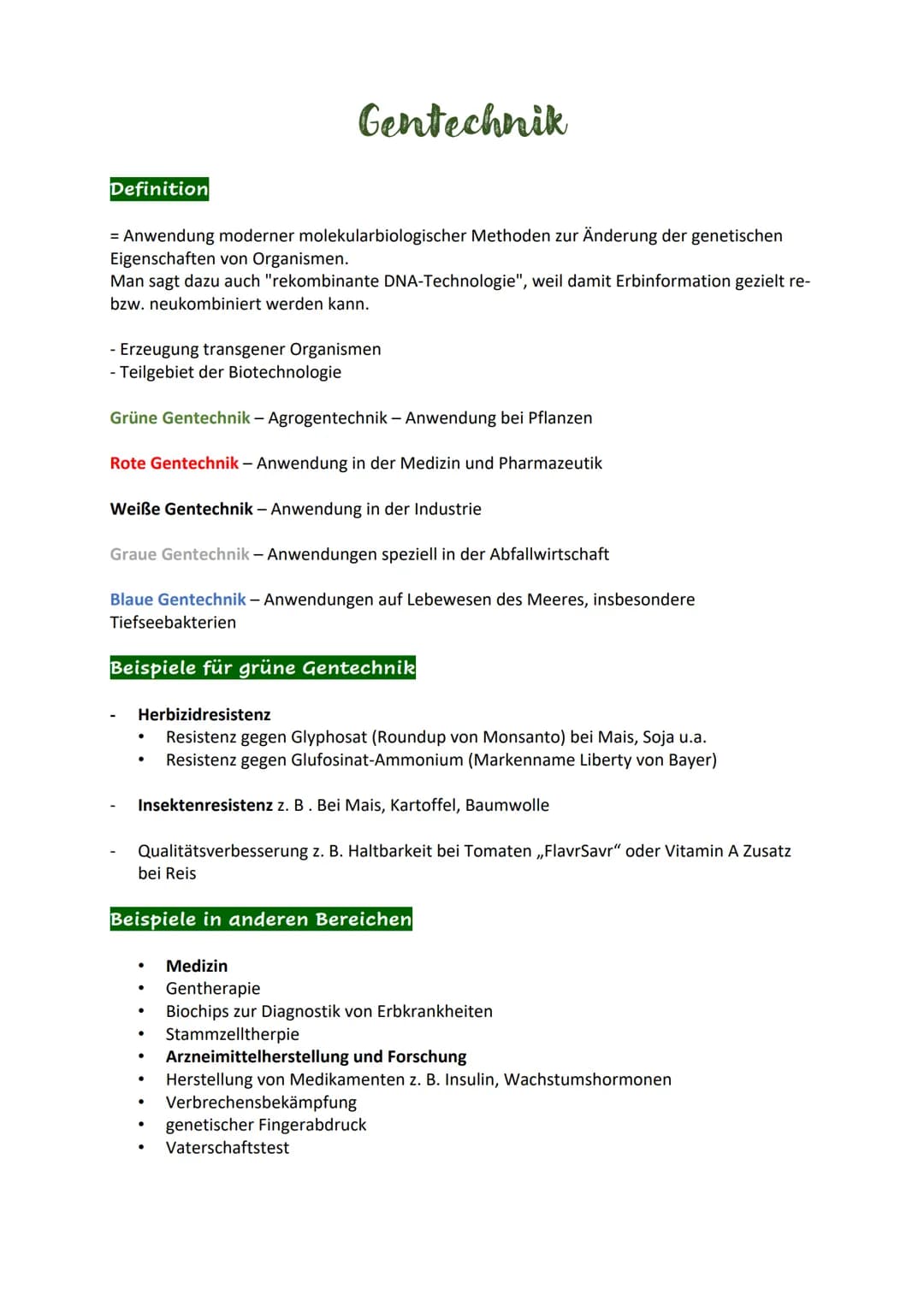 Definition
= Anwendung moderner molekularbiologischer Methoden zur Änderung der genetischen
Eigenschaften von Organismen.
Man sagt dazu auch